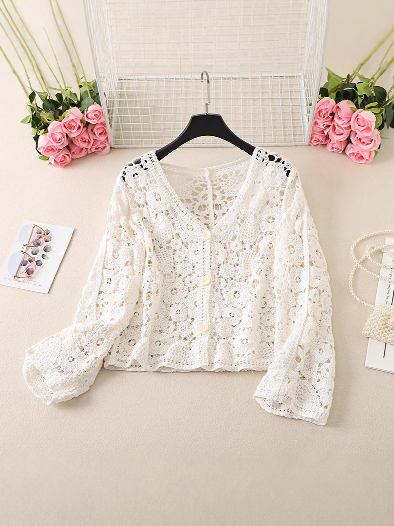 Picture of Long-sleeved Hollow-out Knitted Cardigan Women's Summer Outer Wearing New Crochet Short Chic Small Shirt with Skirt Air Conditioning Top