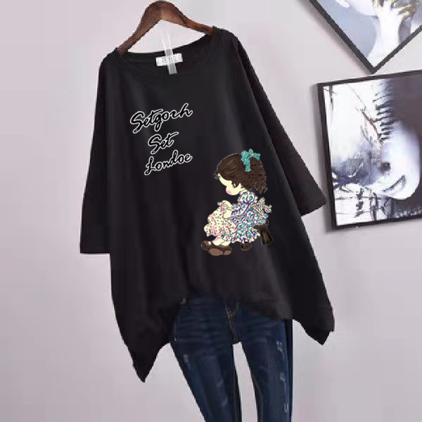 Picture of 100kg Plus Size Women's Summer Leaf Print Casual Slit Mid-Length Short Sleeve T-Shirt Loose Oversized Style
