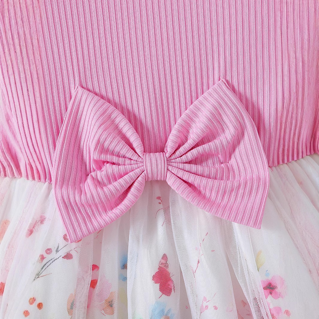 Picture of Foreign Trade Cross-border Girls Summer Small Flying Sleeve Waist Bow Design Stitching Mesh Elegant Princess Dress Trendy