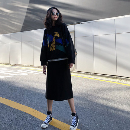 Picture of Black Skirt Women's Spring and Autumn Slimming Split Mid-length Large Size Chubby Girl High Waist A- Line Step Skirt Summer Fashion