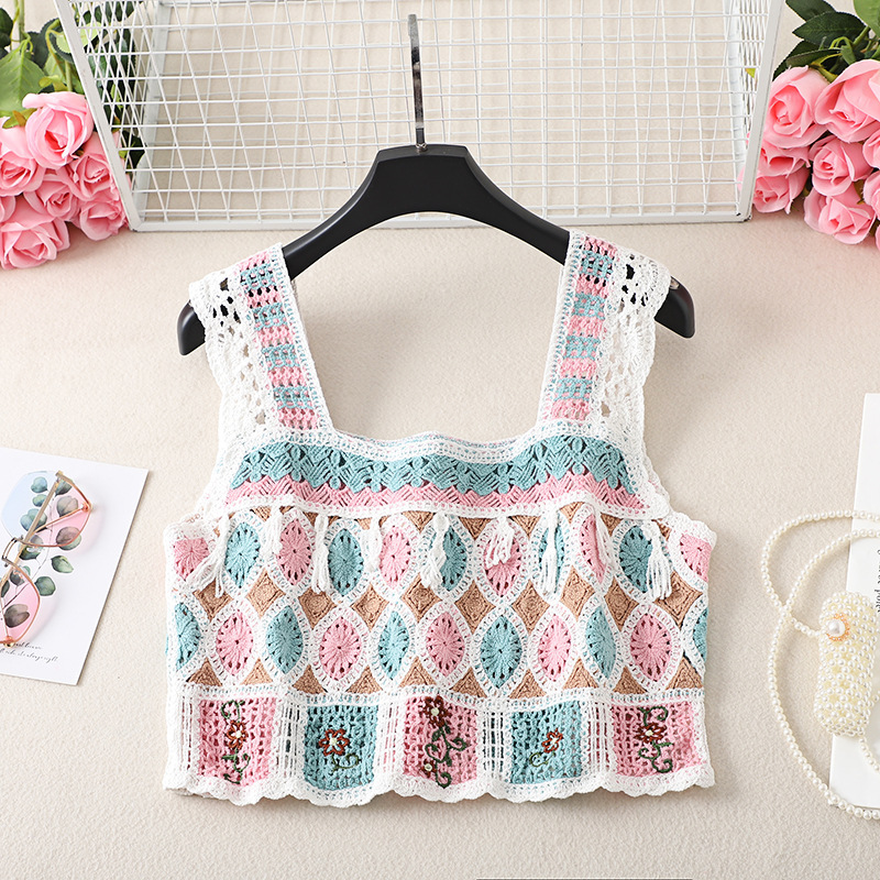 Retro design hollow-out vest women's short outer wear 2023 Summer sleeveless off-shoulder knitted camisole top