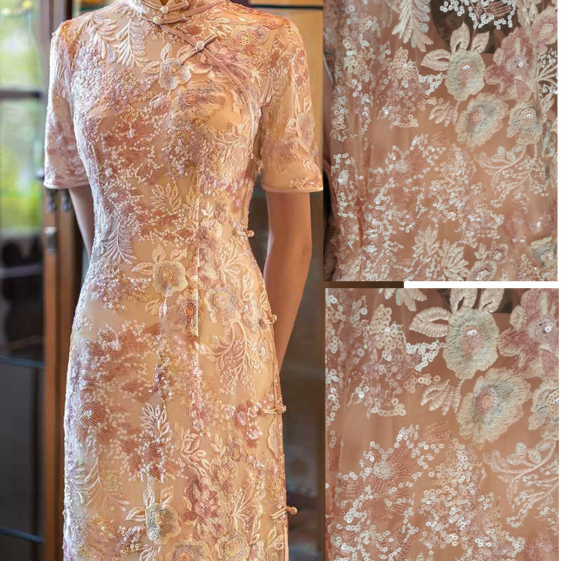 Sequin Embroidered High-end Lace Fabric Cherry Blossom Mesh Embroidered Cheongsam Toast Dress Jacquard Clothing Fabric