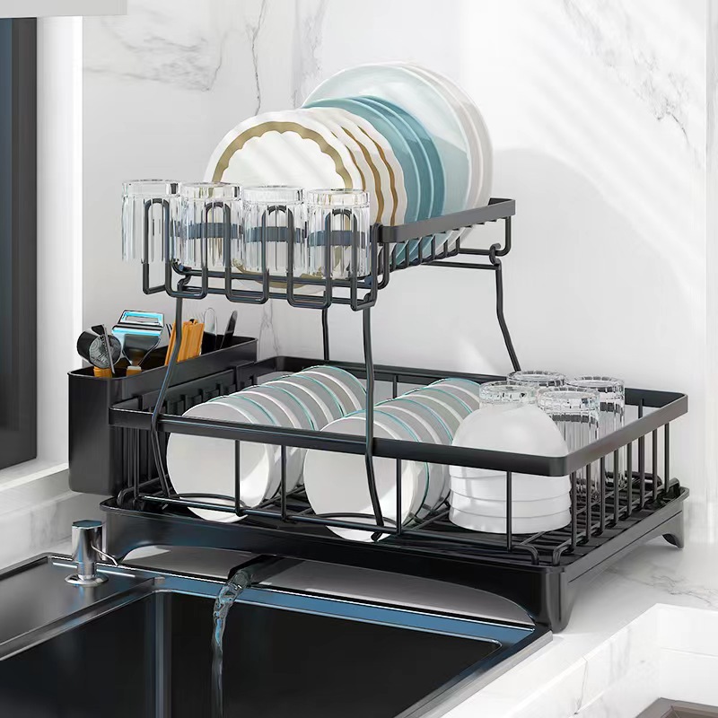 New Kitchen Double-layer Dish Drain Rack Installation-free Dish Drying Rack Cup and Chopsticks Tube Drain Rack Storage Rack