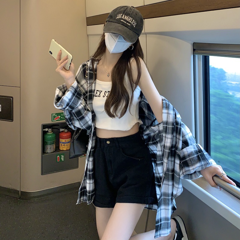 American Retro Plaid Long-sleeved Shirt Coat Women's Spring and Autumn Loose Mid-length Shirt Cardigan Top Autumn Early Autumn