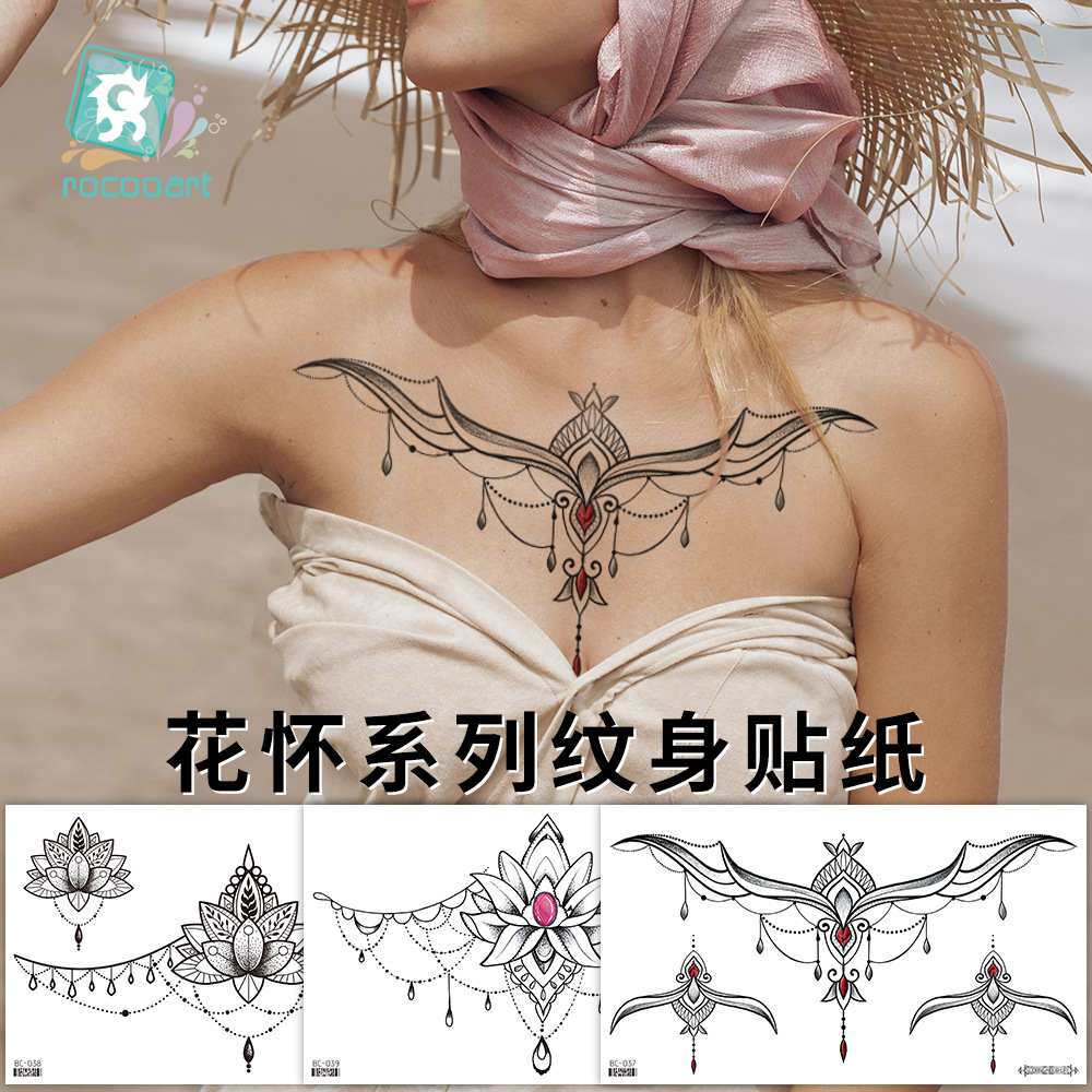 Picture of 2022 new cross-border supply waterproof tattoo stickers simple black and white flower sternum stickers personalized tattoo wholesale