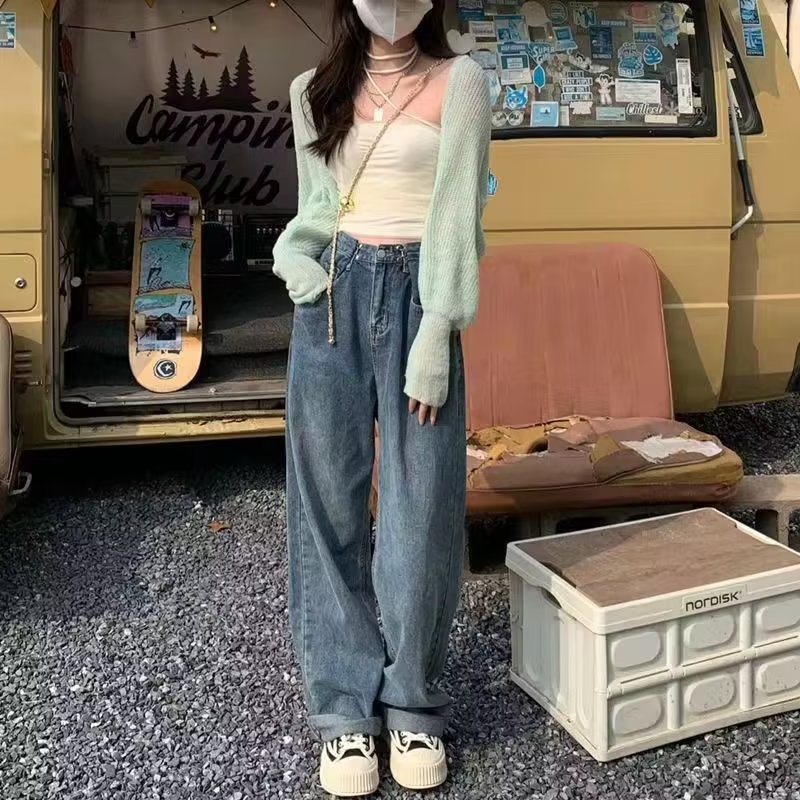 Picture of High Waist White Jeans Women's Autumn 2024 New Loose Wide Leg Pants Pink Straight Pants Ins