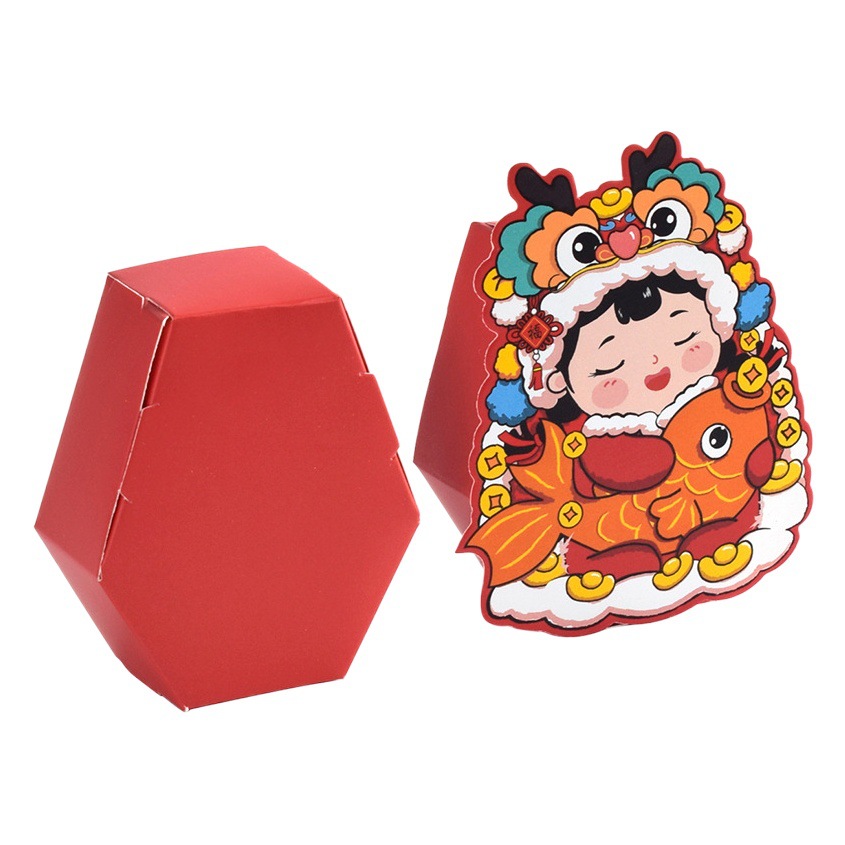 New Year red happy doll shape candy box in stock auspicious cute new year greeting candy folding carton 10/bag