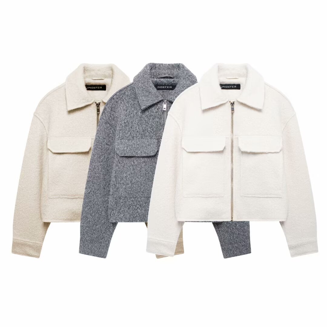 ZA cross-border women's clothing wholesale European and American style new lapel zipper large pocket bead leather jacket coat 3046288
