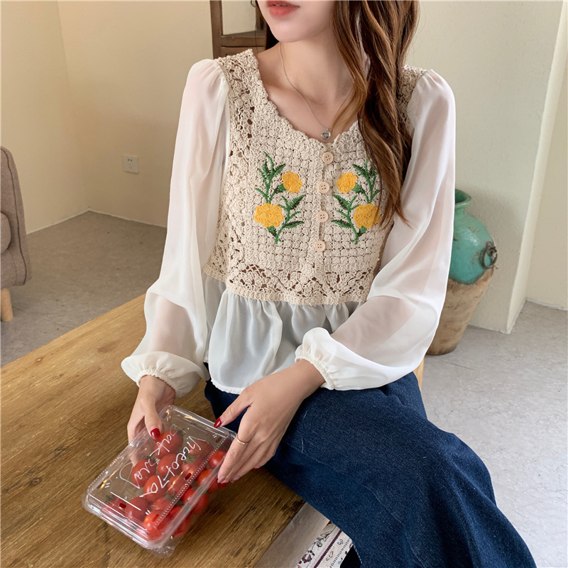 Picture of Spring and Autumn 2025 New Gentle Super Fairy Retro Embroidery Design Niche Top Chiffon Square Neck Long Sleeve Shirt for Women