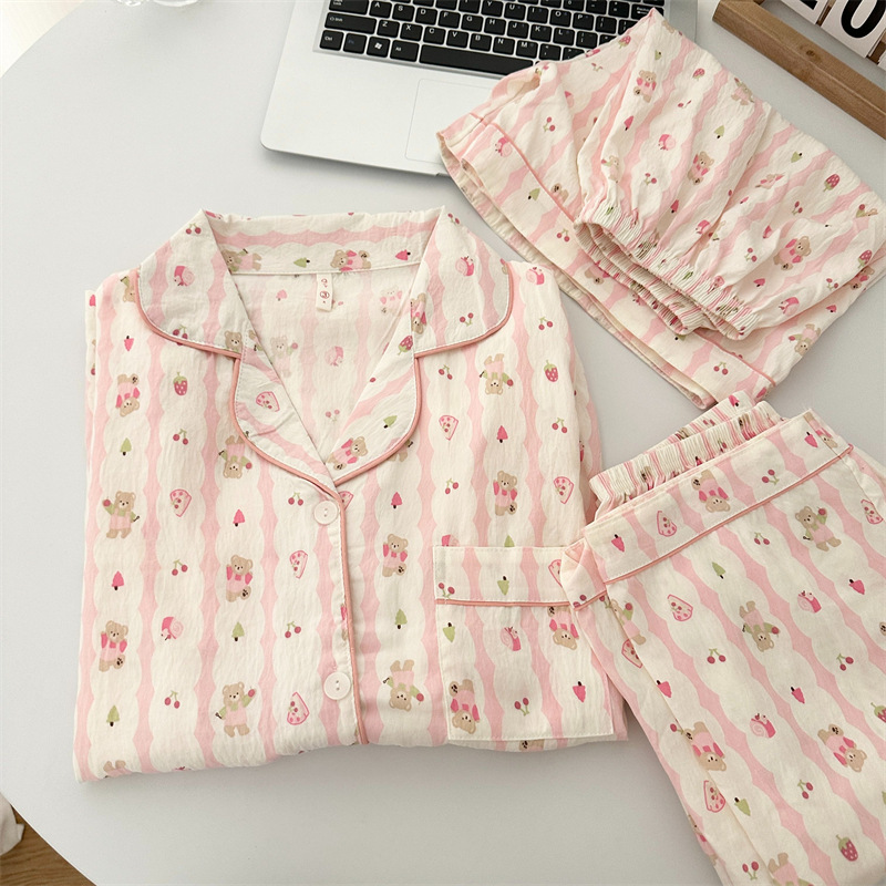 Pajamas Women's Summer Cute Cartoon Short-sleeved Trousers Shorts Cloud Cotton Three-piece Set Korean-style Bear Home Clothes suit