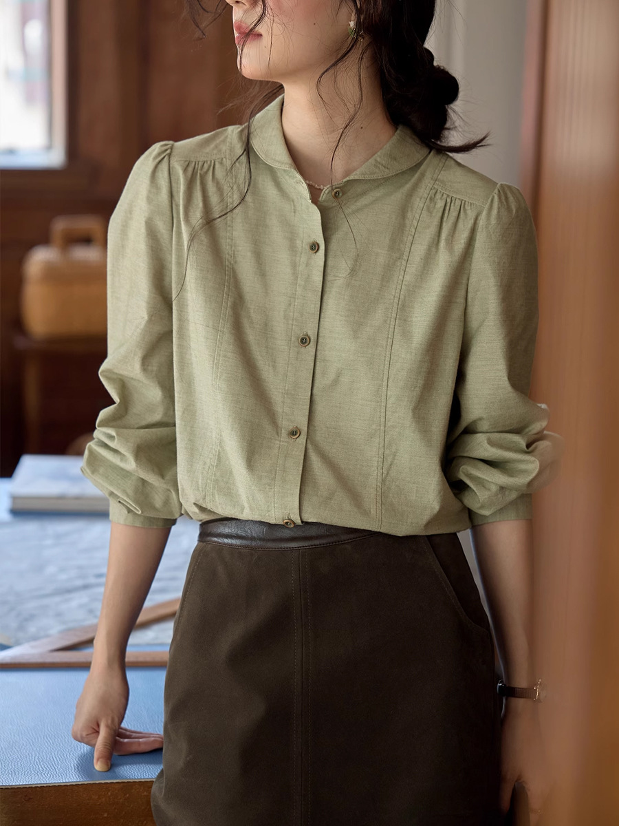 【New Product Limited Time Offer 10% off】French Retro Lapel Puff Sleeve Shirt for Women, Autumn and Winter Long-Sleeve Shirt