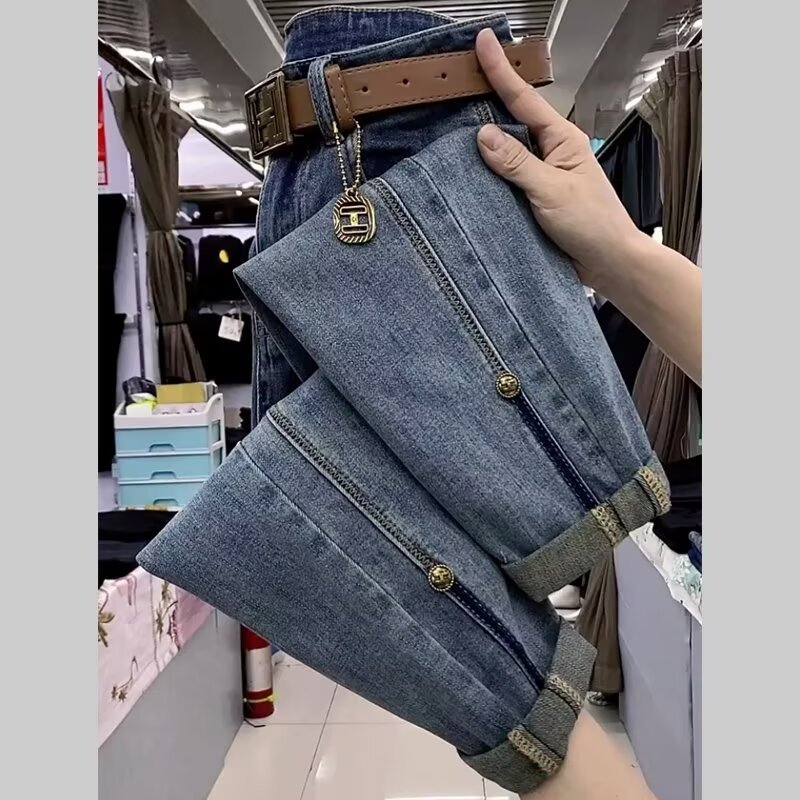Trendy All-match Retro Stretch Jeans for Small Women High Waist Slimming Turnip Harem Pants Loose Fashion Nine-point