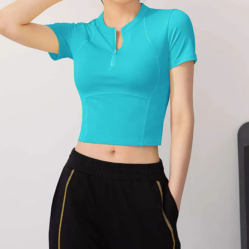 Popular half zipper fitness T-shirt women's dancing quick-drying sports short sleeve slimming tight bodybuilding yoga clothes top