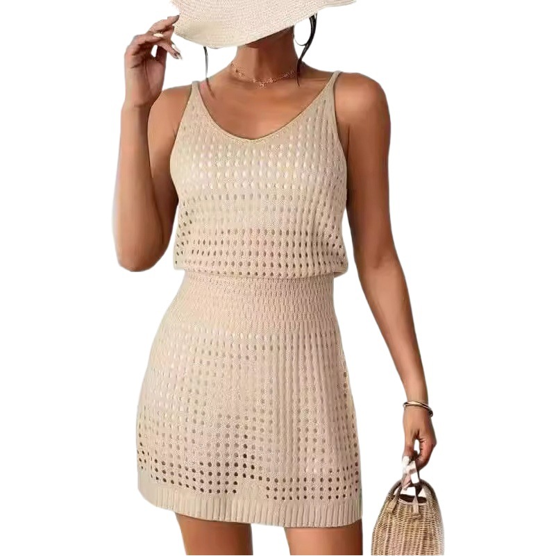 Amazon European and American Sexy Knitted Suspender Dress with Waist and White Suspender Skirt 2025 Sexy Cut Out Beach Skirt