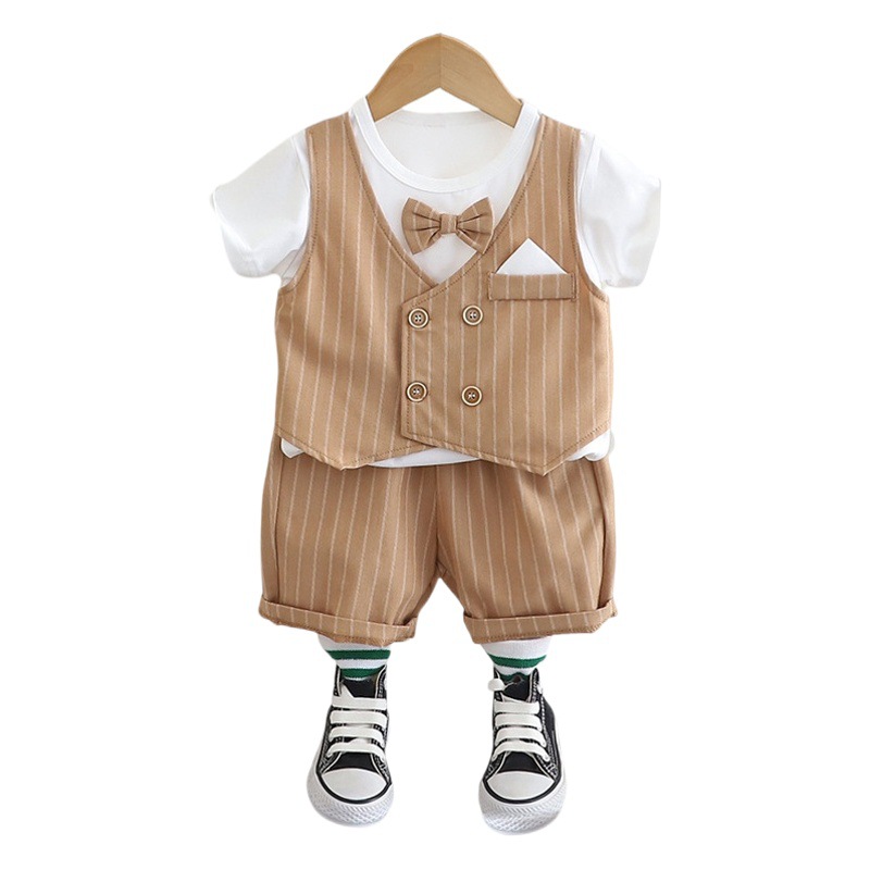 Wu Xiaoqi Children's Clothing 2024 Summer New Style 0-4 Boys' Bow Tie Four-Button Vest Baby Shorts Trendy and Cool Suit