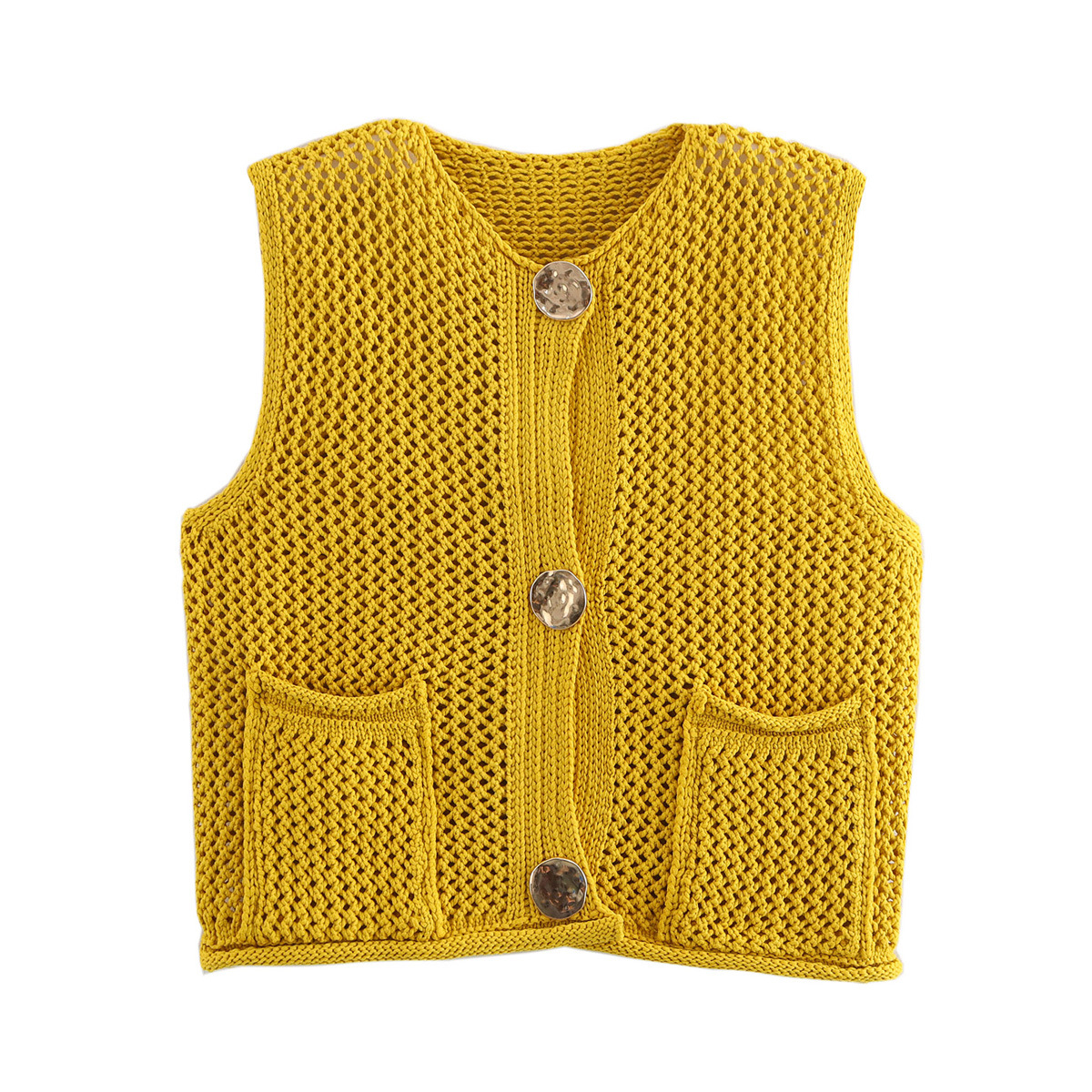 Picture of Women's Solid Color Fashion Hook Needle Hollow Single Breasted Vest 2024 Autumn and Winter New European and American Cross-border Wool Vest