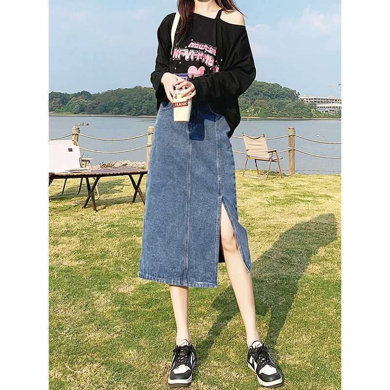 009 Hong Kong Style High Waist Split Denim Skirt Skirt Women's New Loose Mid-length Small a-line Hip Skirt