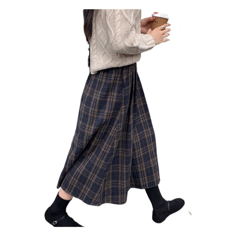 Vintage plaid woolen half elastic high waist A- line large swing skirt
