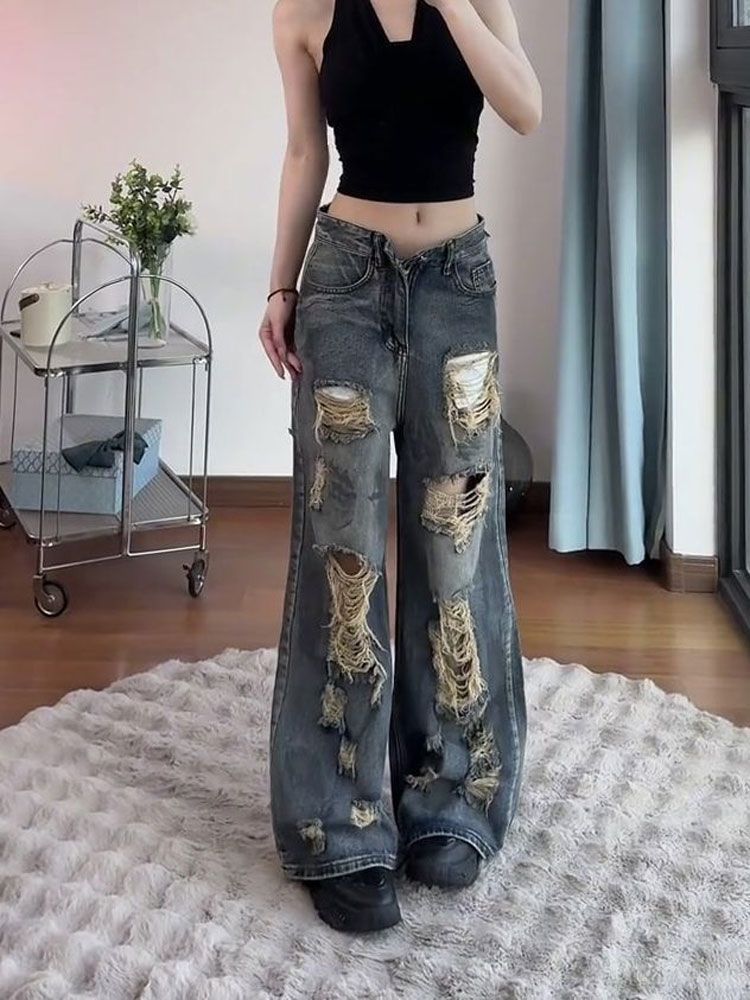 Old ripped straight jeans women's autumn retro wide-leg pants casual high-waisted hot girl slimming floor-length trousers