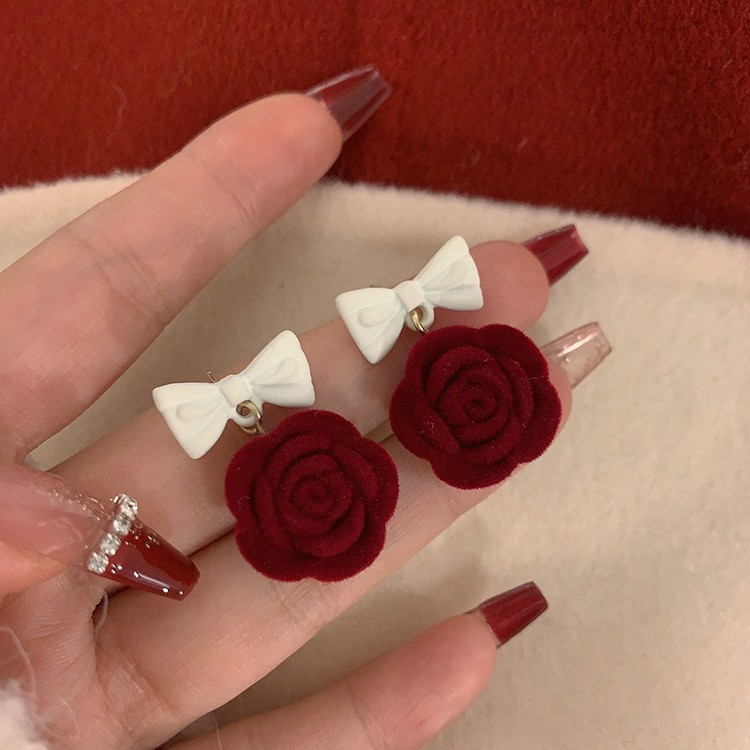 Red Velvet Camellia Earrings ~ Flocking Bow Rose Earrings Christmas Hong Kong Style Earrings Earrings for Women