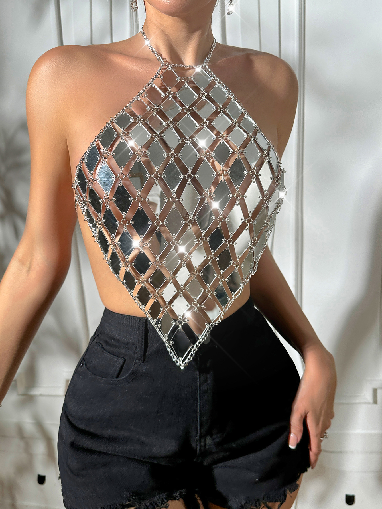 Cross-border New Halter Camisole Stitching Acrylic Fashion Ins Sexy Backless Top Women's XY22513