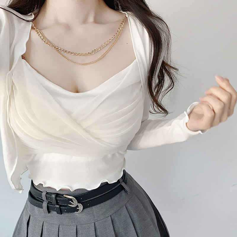 South Korea Dongdaemun New Product Temperament Feminine ~ Sexy Cross Camisole Chain Cardigan suit ly