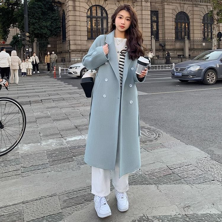 Hepburn Style Woolen Outwear for Women 2025 Spring & Fall New Korean Style Loose Mid-Length Lace-Up Woolen Outwear for Women