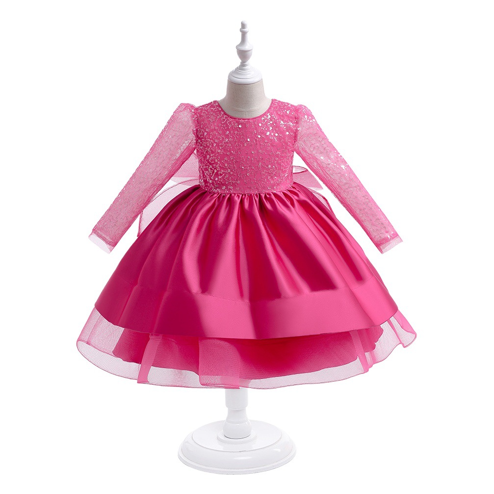 European and American Amazon Kidsren's Wedding Dress Girls Long-Sleeved Lace Sequin Performance Host Birthday Dress Tutu Skirt