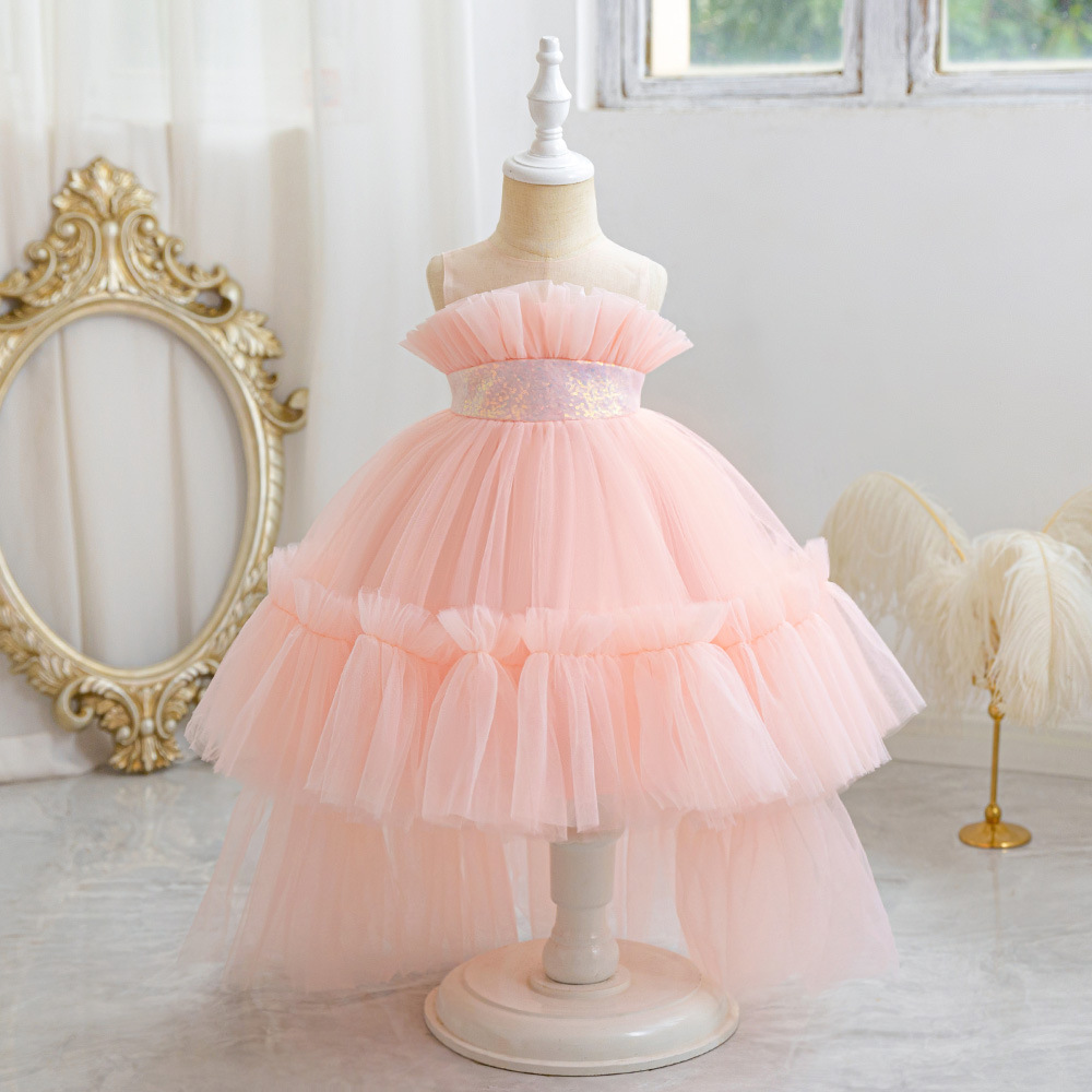 Picture of New One-year-old Dress Short-sleeved Pleated Mesh Lace Trailing Princess Dress Ponked Yarn Flower Children's Wedding Dress