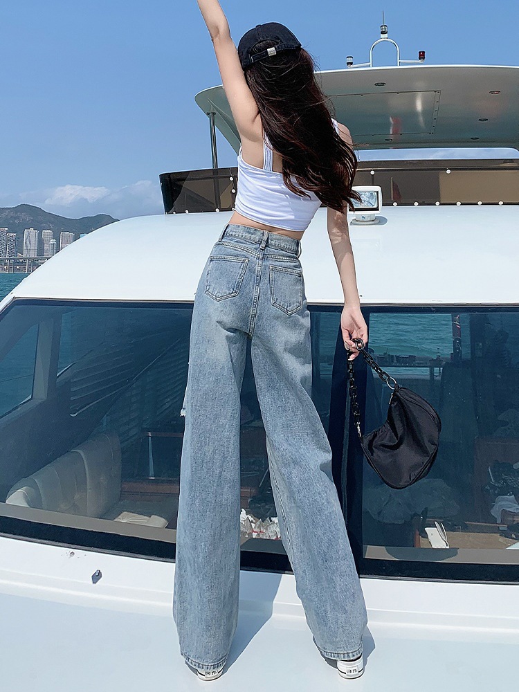 Picture of Ripped Jeans for Women Summer 2022 New Thin High-Waisted Loose Slimming Look Straight Design Wide-Leg Pants