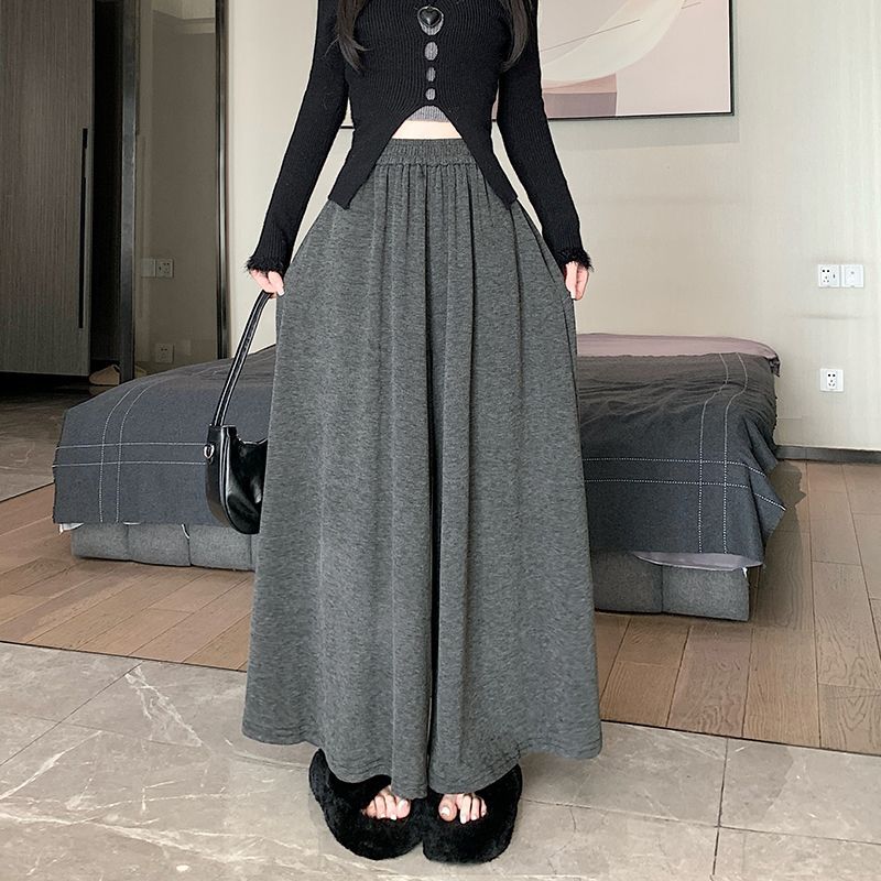 Grey Soft Waxy Knitted Glutinous Rice Pants Women's Autumn and Winter High Waist Dummy Wide Leg Pants Small Loose Casual Pants Skirt