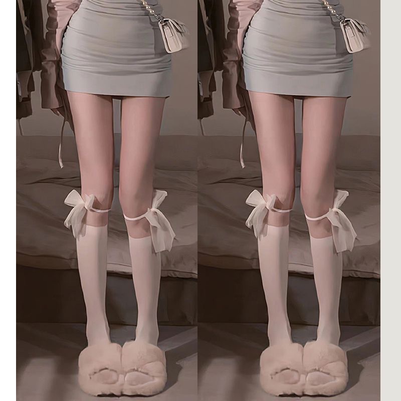 White JK Lace Stockings Stitching Socks Women's Spring and Summer Thin White Stockings Bow Lolita Calf Socks