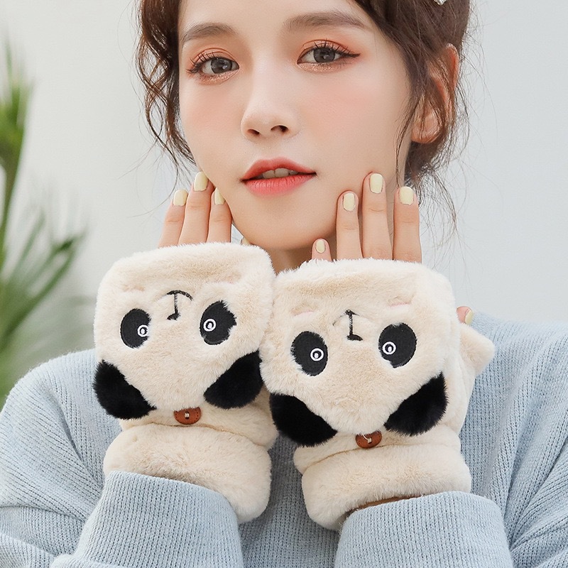 Korean style winter warm flip plush gloves student writing open finger cartoon panda cycling warm cold-proof gloves