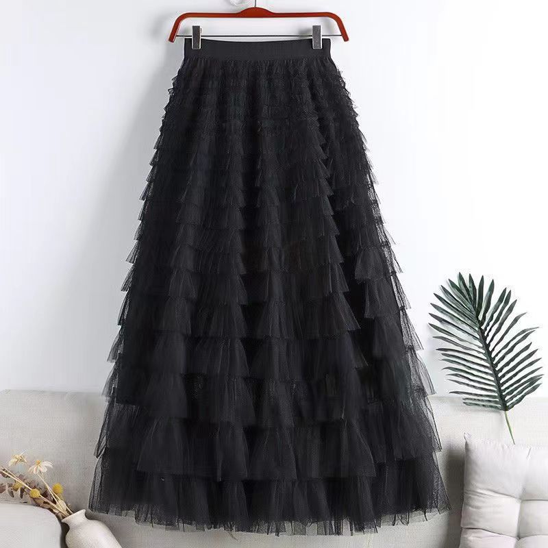 Picture of Mesh Splicing Cake Skirt 2025 Spring, Summer, Autumn and Winter New Mid-Length Skirt A-Line Long Skirt Fluffy Gauze Skirt