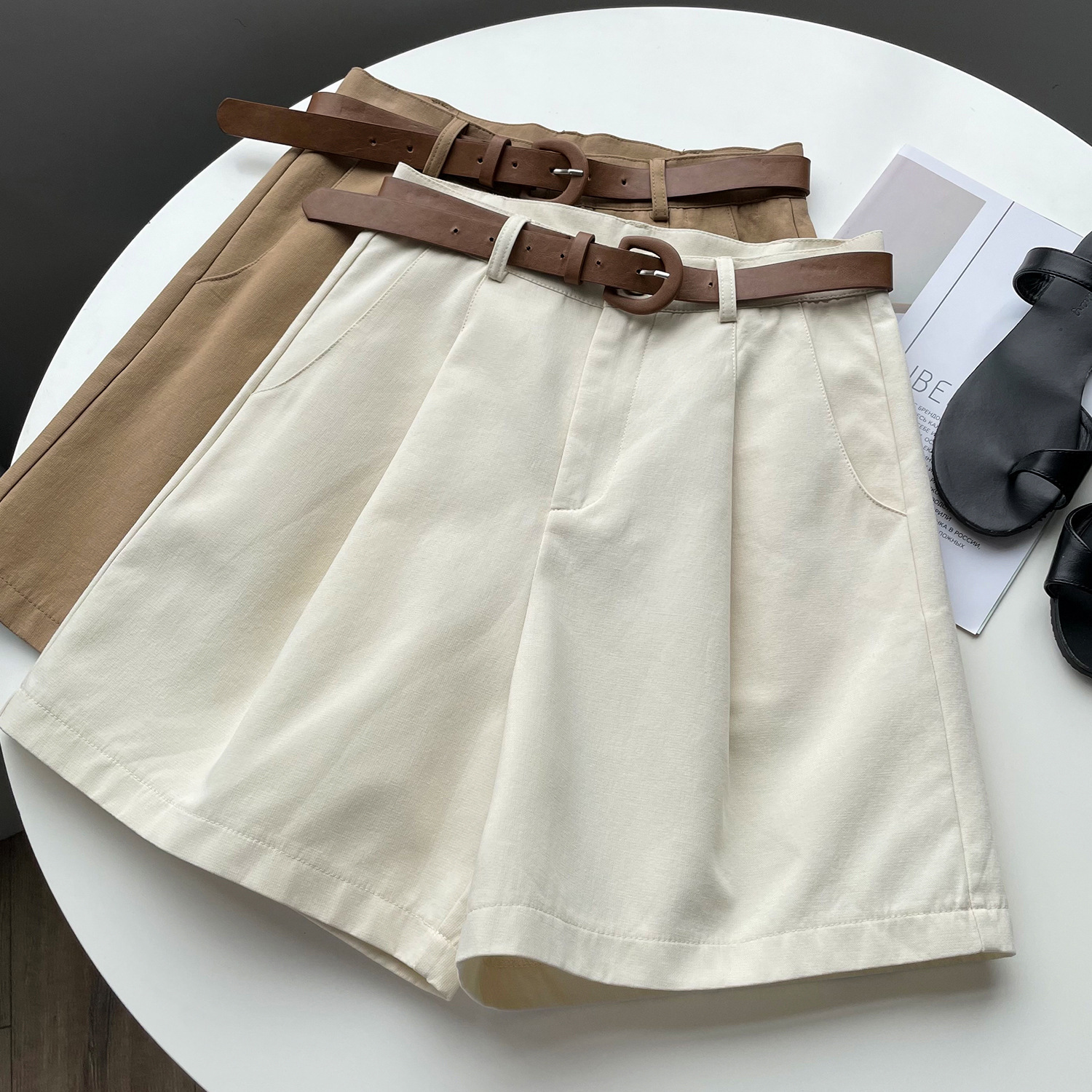 Picture of khaki Workwear Shorts Women's Summer Thin High Waist Slimming Loose Wide-leg Mid-length Pants Casual Suit Trendy Pants