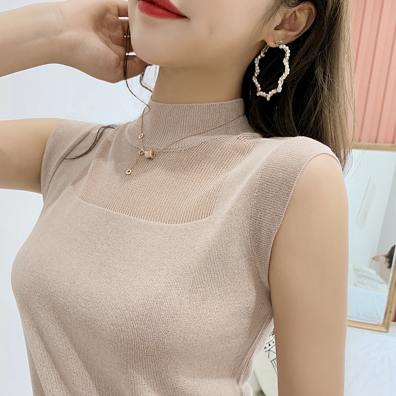 Sexy Camisole Women's Spring and Summer Outer Wearing Waistle Semi-high Collar Ice Silk Linen Knitted Base Shirt Sleeveless Top