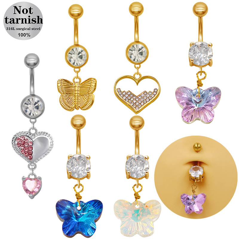Gaibei Europe and the United States cross-border color butterfly puncture jewelry belly button ring hollow love navel nail jewelry factory wholesale