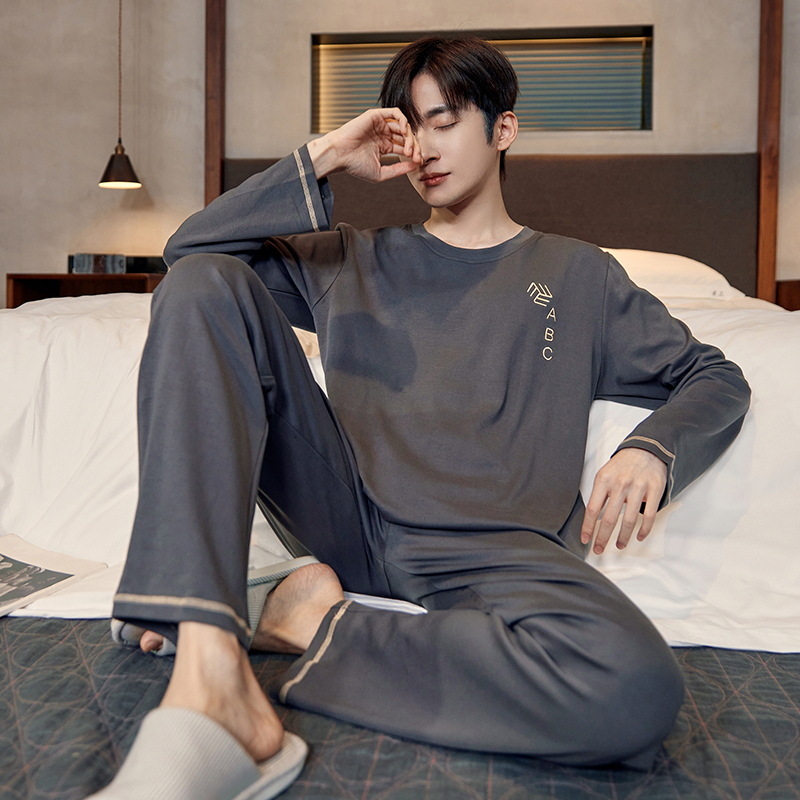 Pure cotton pajamas men's spring and autumn long-sleeved youth solid color casual plus size outerwear homewear dad suit