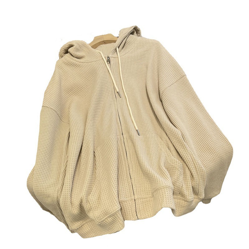 Picture of Waffley Hooded Sweater Women's Autumn New Loose Zipper Jacket Slimming Design Sense Long Sleeve Cardigan Top for Women