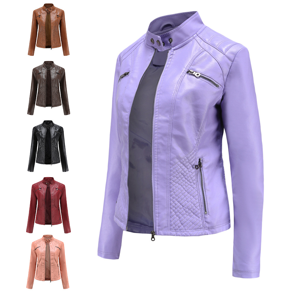 2023 New Women's Casual Leather Jacket Stand Collar Jacket European and American Slim Jacket Women's Spring and Autumn Solid Color Women's Leather Jacket