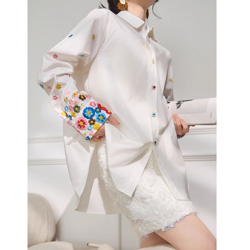 Design Sense White Long Sleeve Western Style Chic Beautiful Shirt Women 2025 New Design Sense Cardigan Top Women's Clothing