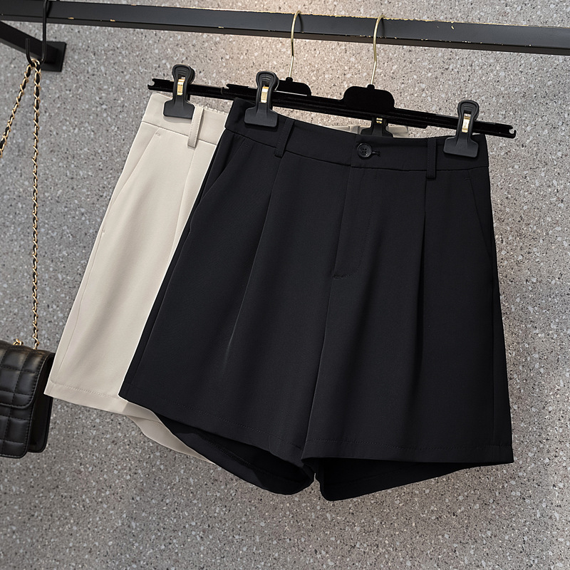 2023 summer plus size women's black chiffon suit shorts elastic waist thin small a-shaped wide leg pants