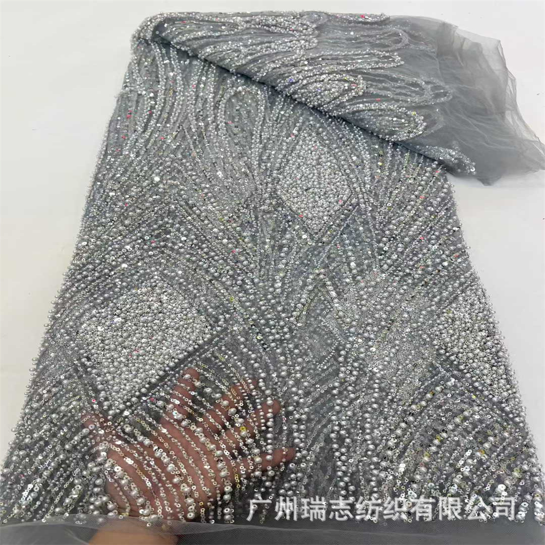 Mesh wedding dress, handmade beaded tube lace fabric, sequin embroidery, fashion cheongsam embroidered cloth, beaded LACE