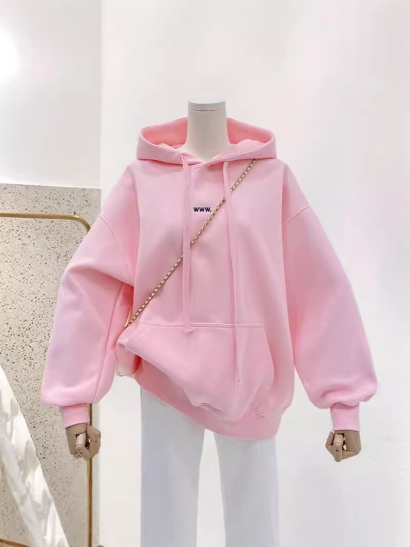 plus size chubby girl 1.00 kg-150.00 kg Pink Hooded Sweat Women's fleece-lined Plus Autumn and Winter New Embroidered Loose Top