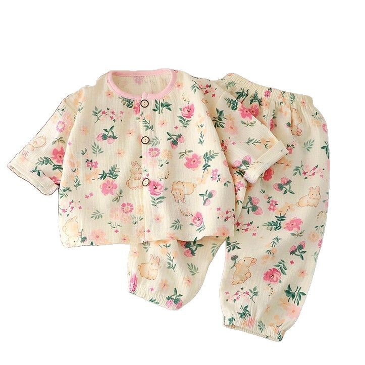 Picture of New Kidsren's Thin Double-Layer Pure Cotton Gauze Pajamas Summer Baby Home Clothes Boys and Girls Long-Sleeved Spring & Fall Suits