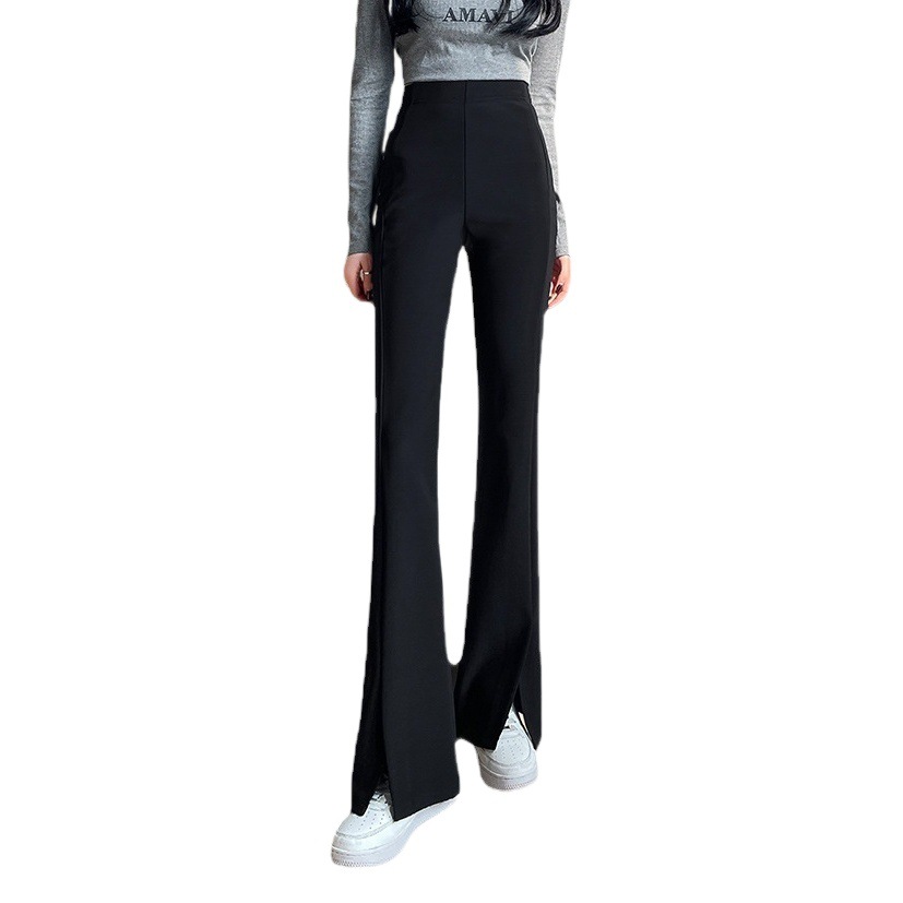 New Black Front Split Trousers Women's Spring and Autumn High Waist Slimming Large Size Casual Black Dipped Trousers
