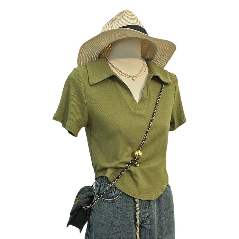 Pure Desire Style Short-sleeved Women's Summer Sexy POLO Irregular Niche Design V-Neck Slim-fit Slim-fit T-shirt Short Top