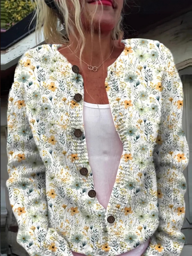 In stock new European and American cross-border Amazon loose cardigan long sleeve crew neck 3D printed sweater women's knitwear
