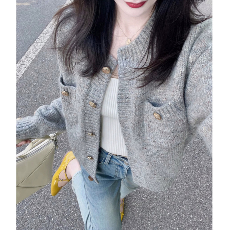 Autumn and winter new women's knit cardigan, gray sweater, short petite fragrant jacket for women