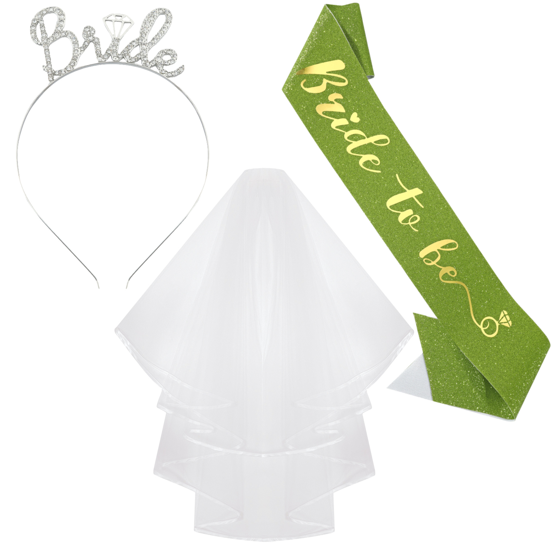 Cross-border bridal hairband shoulder strap veil 3-piece set bride to be bachelor party crown ribbon wedding dress